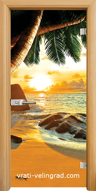 Стъклена интериорна врата, Print G 13-14 Beach Sunset, каса Светъл дъб
